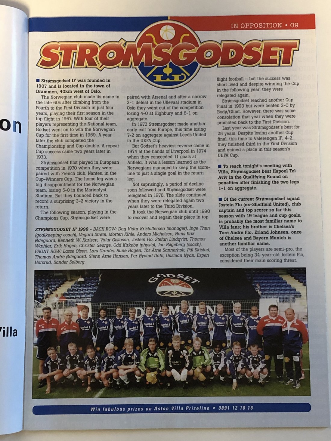 Fra Villas kampprogram. En av spillerne som startet kampen for Strømsgodset var dagens Lillestrøm-trener Hans Erik Ødegaard, far til ikke ukjente Martin.